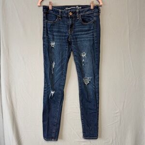 American Eagle Womens 6 Distressed Skinny Jeggings Short Dark Blue Denim Grunge